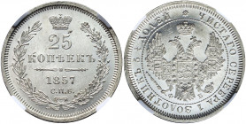 Russia 25 Kopeks 1857 СПБ ФБ HHP MS62
Bit# 55; Conros# 137/53; Silver; UNC