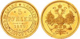 Russia 5 Roubles 1859 СПБ ПФ
Bit# 5; Gold (.900), 6.54g. Alexander II. UNC but with scratch on reverse. Mint luster.