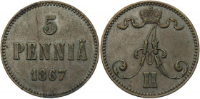 Russia - Finland 5 Pennia 1867
Bit# 659; Conros# 488/3; Copper 6.32 g.; AUNC