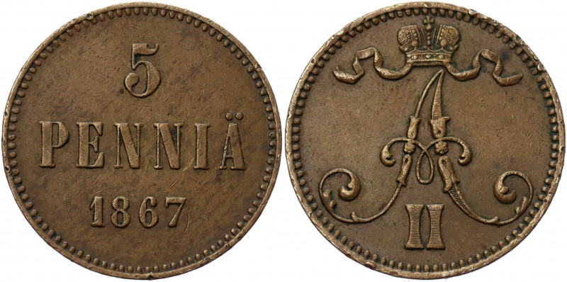 Russia - Finland 5 Pennia 1867
Bit# 659; Copper 6.35 g.; XF