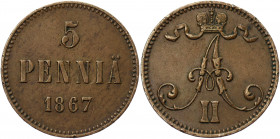 Russia - Finland 5 Pennia 1867
Bit# 659; Copper 6.35 g.; XF