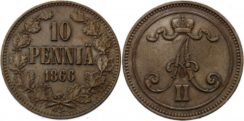 Russia - Finland 10 Pennia 1866
Bit# 652; Conros# 487/2; Copper 12.79 g.; XF-AU...