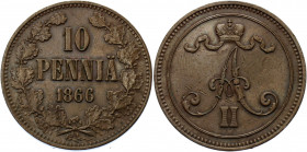 Russia - Finland 10 Pennia 1866
Bit# 652; Conros# 487/2; Copper 12.79 g.; XF-AUNC