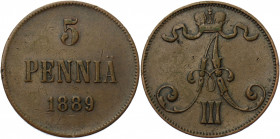 Russia - Finland 5 Pennia 1889
Bit# 247; Conros# 488/9; Copper 6.23 g.; XF