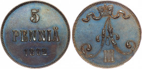 Russia - Finland 5 Pennia 1892 HHP AU 55 BN
Bit# 248; Copper; Mintage 328.486