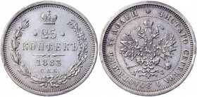 Russia 25 Kopeks 1883 СПБ ДС R1
Bit# 56 R1; 8 R by Petrov; 4 R by Ilyin; Conros# 138/38; Silver 5.25 g.; UNC Luster
