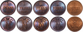 Russia - Finland Lot of 5 Coins 1911 -1917
1 Penni; Bit# 471,472,474,474, GSF5; Copper; UNC