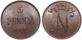 Russia - Finland 5 Pennia 1908 HHP MS 63 BN
Bit# 449; Сopper