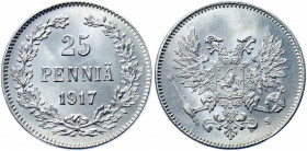 Russia - Finland 25 Pennia 1917 S
Bit# GSF2; Conros# 486/29; Silver 1.37 g.; UNC Luster