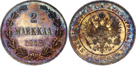 Russia - Finland 2 Markkaa 1908 L
Bit# 398; Silver 10.33 g.; AUNC/UNC with amazing toning