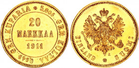 Russia - Finland 20 Markkaa 1911 L
Bit# 388; KM# 9.2; Gold (.900) 6,45g.; Obv: Crowned imperial double eagle holding orb and scepter Rev: Denominatio...