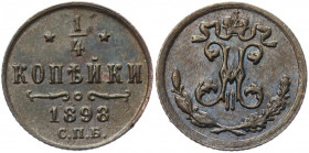 Russia 1/4 Kopek 1898 СПБ
Bit# 297; Conros# 243/54; Copper 0.84 g.; AUNC Toned