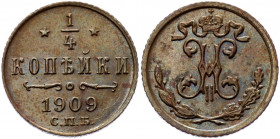 Russia 1/4 Kopek 1909 СПБ
Bit# 279; Conros# 243/57; Copper 0.83 g.; UNC