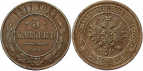Russia 5 Kopeks 1915
Bit# 210; Conros# 185/22; Copper 16.33 g.; UNC