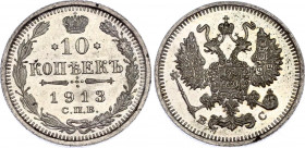 Russia 10 Kopeks 1913 СПБ ВС
Bit# 166; Silver 1.72 g.; UNC with mint luster