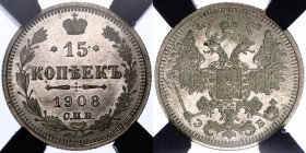 Russia 15 Kopeks 1908 СПБ ЭБ RNGA MS 64
Bit# 134; Silver; Mint luster; Very rare this condition