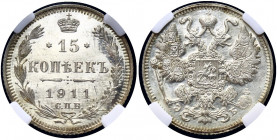 Russia 15 Kopeks 1911 СПБ ЭБ HHP MS64
Bit# 136; Conros# 149/75; Silver; UNC