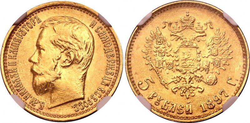 Russia 5 Roubles 1897 АГ NGC MS 65
Bit# 18; Gold (.900) 4.30 g.