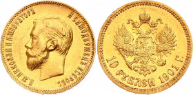 Russia 10 Roubles 1901 AP
Bit# 9; Gold (.900) 8.6g. UNC.