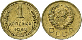 Russia - USSR 1 Kopek 1939
Y# 105; Aluminum-Bronze 1.01 g.; UNC
