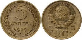 Russia - USSR 5 Kopeks 1939
Y# 108; Aluminum-Bronze 4.86 g.; UNC