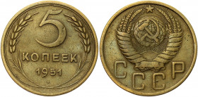 Russia - USSR 5 Kopeks 1951
Y# 115; Aluminum-Bronze 4.87 g.; XF