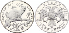 Russian Federation 3 Roubles 1994
Y# 460; Silver (0.900) 34.56g., 39mm., Proof; Sable on tree limb