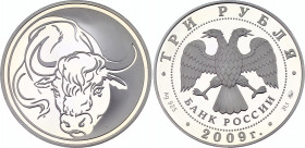 Russian Federation 3 Roubles 2009
Y# 1113; Silver (0.925) 33.90g., 39mm., Proof; Year of the bull