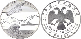 Russian Federation 3 Roubles 2012
Y# 1353; Silver (0.925) 33.90g., 39mm., Proof; UNESCO World heritage site, Vrangel island; Walrus & polar owl in fl...