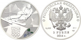 Russian Federation 3 Roubles 2014
Y# 1294; Silver (900) 34.56 g., 39 mm., Proof; Sotchi Winter Olympics, moutain skier & magnolia in colour