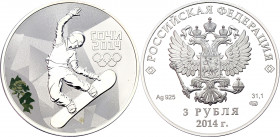 Russian Federation 3 Roubles 2014
Y# 1476; Silver (900) 34.56 g., 39 mm., Proof, Colour; Sotchi Winter Olympics 2014, snowboard