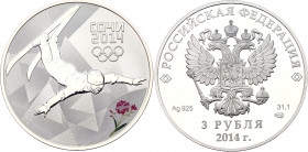 Russian Federation 3 Roubles 2014
Y# 1478; Silver (900) 34.56 g., 39 mm., Proof, Colour; Sotchi Winter Olympics 2014, freestyle skiing