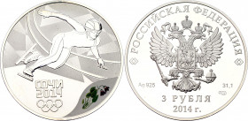 Russian Federation 3 Roubles 2014
Y# 1494; Silver (900) 34.56 g., 39 mm., Proof, Colour; Sotchi Winter Olympics 2014, short track skating