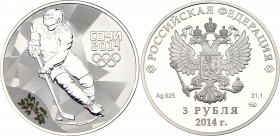 Russian Federation 3 Roubles 2014
Y# 1296; Silver (0.925) 33.90g., 39mm., Proof; Sochi winter Olympics, ice hockey