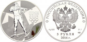 Russian Federation 3 Roubles 2014
Y# 1293; Silver (0.925) 33.90g., 39mm., Proof; Sochi winter Olympics; biathlon