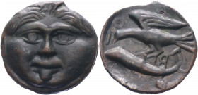 Ancient Greece Olbia Cast Æ 400 - 380 BC
Anokhin 184; Bronze 19.07 g.; Obv: Facing gorgoneion with fleshy face, tongue protruding / Rev: O-Λ-B-I, sea...