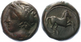 Ancient Greece Carthage Æ Unit 400 - 350 BC
MMA 17a; Bronze 6.22 g.; Obv: Wreathed head of Tanit l. / Rev: Horse galloping r.; VF-XF