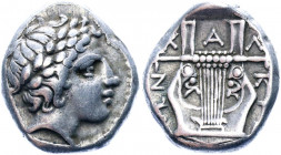 Ancient Greece Macedon, Chalkidian League AR Tetrobol 383 - 382 BC
Robinson & Clement Group H, 80; SNG ANS 532; Silver 6.17 g.; Obv: Laureate head of...