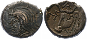 Ancient Greece Cimmerian Bosporos, Pantikapaion Æ 325 - 310 BC
Anokhin 1046; MacDonald 67; Bronze 4.07 g.; Obv: Head of satyr left / Rev: Π-Α-Ν, Bull...