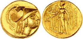 Ancient Greece Stater 323 - 317 BC, Kings of Macedon, Philip III
Gold, 8.539g. Obv: helmeted head of Athena right, rev: ΦΙΛΙΠΠΟΥ, Nike standing left ...