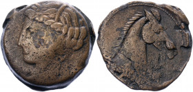 Ancient Greece Carthage Æ Shekel 300 - 264 BC
MAA 57; SNG Copenhagen 149; Bronze 16.38 g.; Obv: Wreathed head of Tanit left / Rev: Head of horse righ...