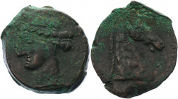 Ancient Greece Carthage Æ 300 - 200 BC
Bronze 16.65 g.; Obv: Head of Tanit left wreathed with corn / Rev: Head and neck of horse right; VF