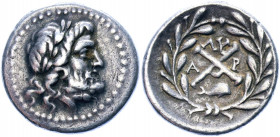 Ancient Greece Achaean League AR Hemiobol 280 BC
Thompson 298; SNG Copenhagen 244; Silver 2.41 g.; Obv: Laureate head of Zeus right / Rev: Monogram i...