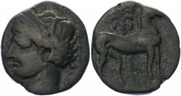 Ancient Greece Carthage Æ Dishekel 241 BC
MAA 45; SNG Copenhagen 253; Bronze 6.64 g.; Obv: Wreathed head of Tanit l., wearing triple-pendant earring ...
