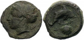 Ancient Greece Sicily, Syracuse Dionysios I Æ Hemilitron 150 BC (SE163)
CNS 24; SNG ANS 417; Bronze 3.02 g.; Dionysios I (405-367 BC); Obv: Head of A...
