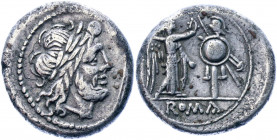 Roman Republic Anonymous AR Victoriatus 211 BC
Crawford 53/1; Silver 3.11 g.; Issued after 211 BC; Obv: Laureate head of Jupiter right / Rev: Victory...