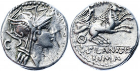 Roman Republic Silanus AR Denarius 91 BC
Crawford 337/3; Sydenham 646; RSC Junia 15; Silver 4.05 g., 16.5 mm; D. Silanus; Obv: Helmeted head of Roma ...