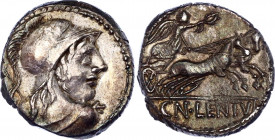 Roman Republic Denarius 88 BC, Cn. Lentulus Clodianus
Crawford 345/1; RBW 1312; RSC Cornelia 50.; Silver 3.55 g.; Obv: Helmeted bust of Mars r., seen...