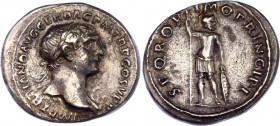 Roman Empire Denarius 106 -111 AD, Trajan
RIC 163, C 378.; Silver 3.01 g.; Obv: IMPTRAIANOAVGGERDACPMTRPCOSVPP - Laureate head right. Rev: SPQROPTIMO...