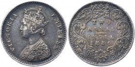 British India 2 Annas 1884
KM# 488; Silver 1.45 g.; Victoria; Mint: Calcutta; AUNC Toned